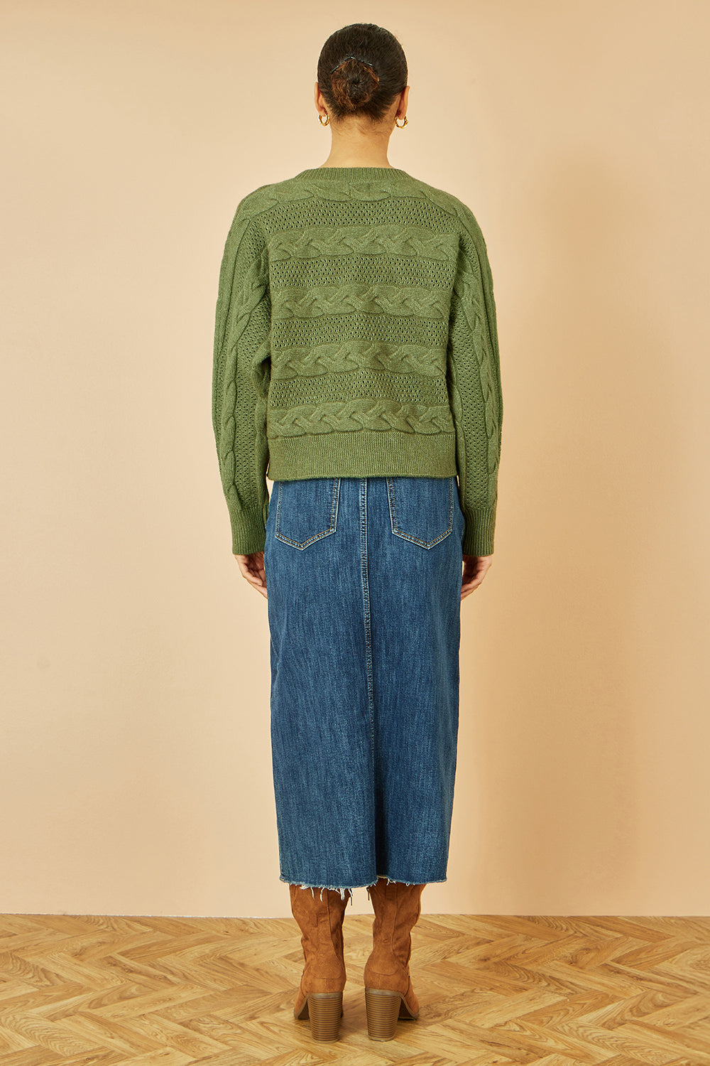 Yumi Green Cable Knit Relaxed Fit Jumper