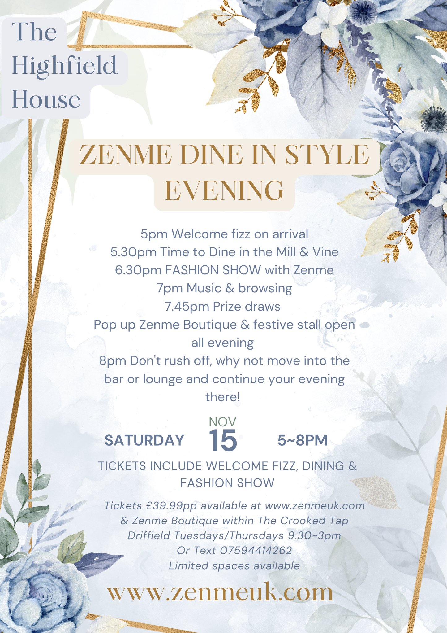 Dine in Style @ The Highfield House. Sat Nov 15th 5pm