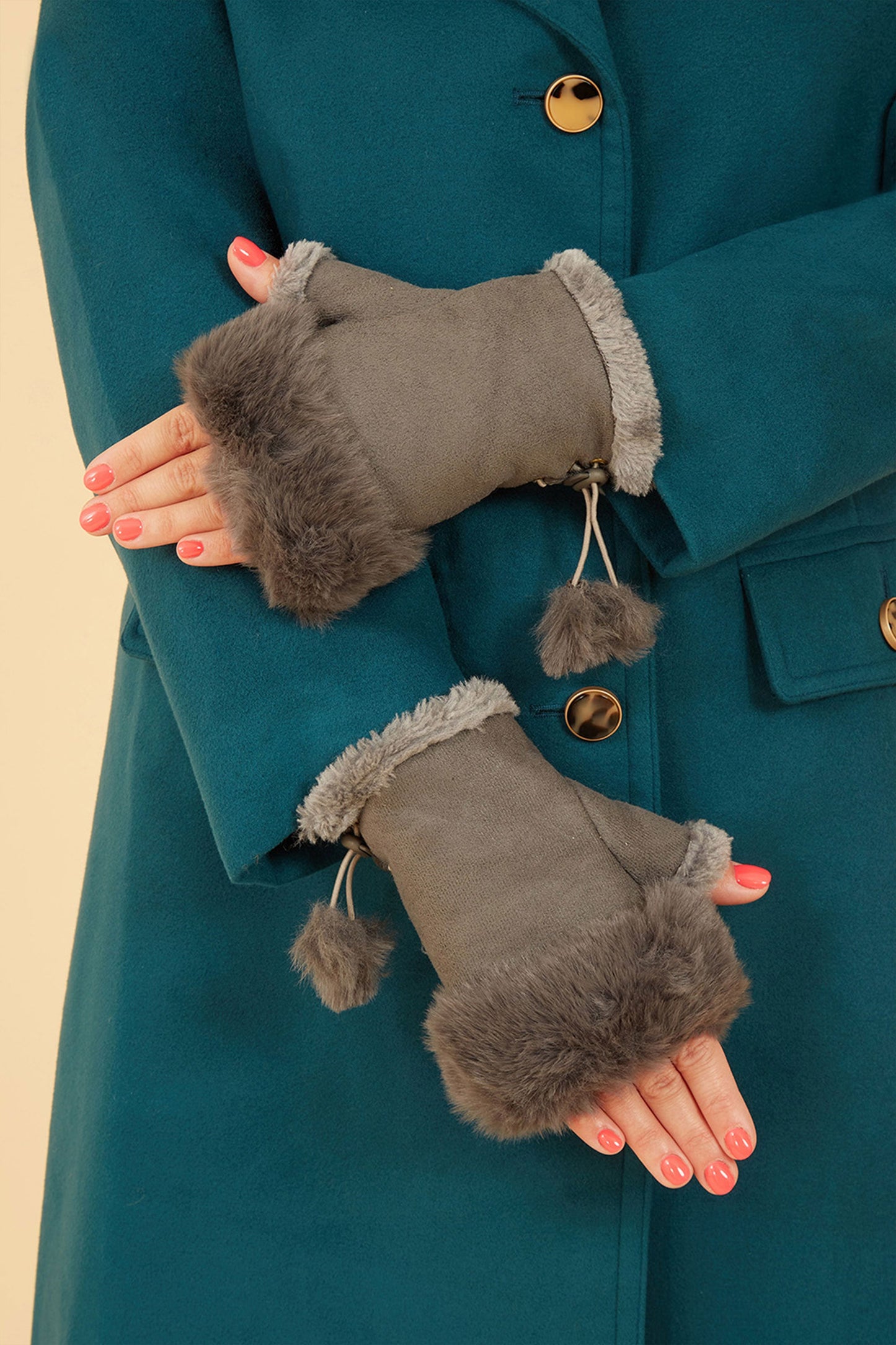 Grey Fur Fingerless Suede Mittens