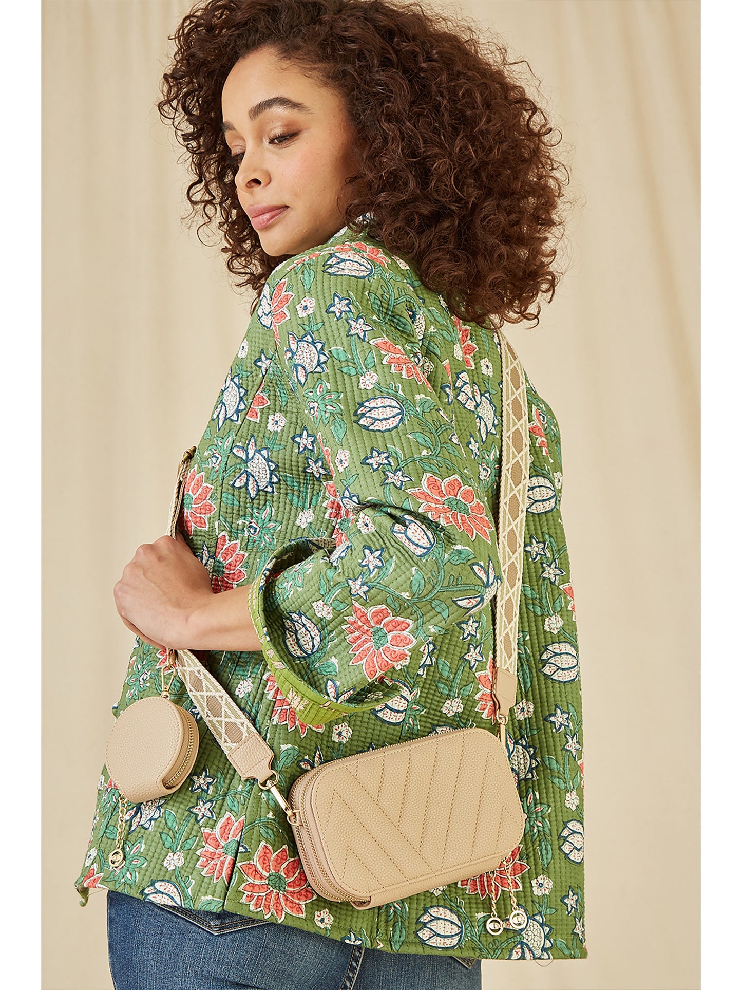 Yumi Beige Quilted Camera Bag With Cross Body Woven Strap