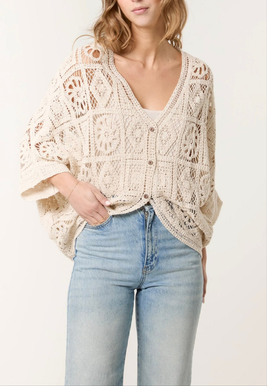 Crochet Cotton Cardigan in Stone