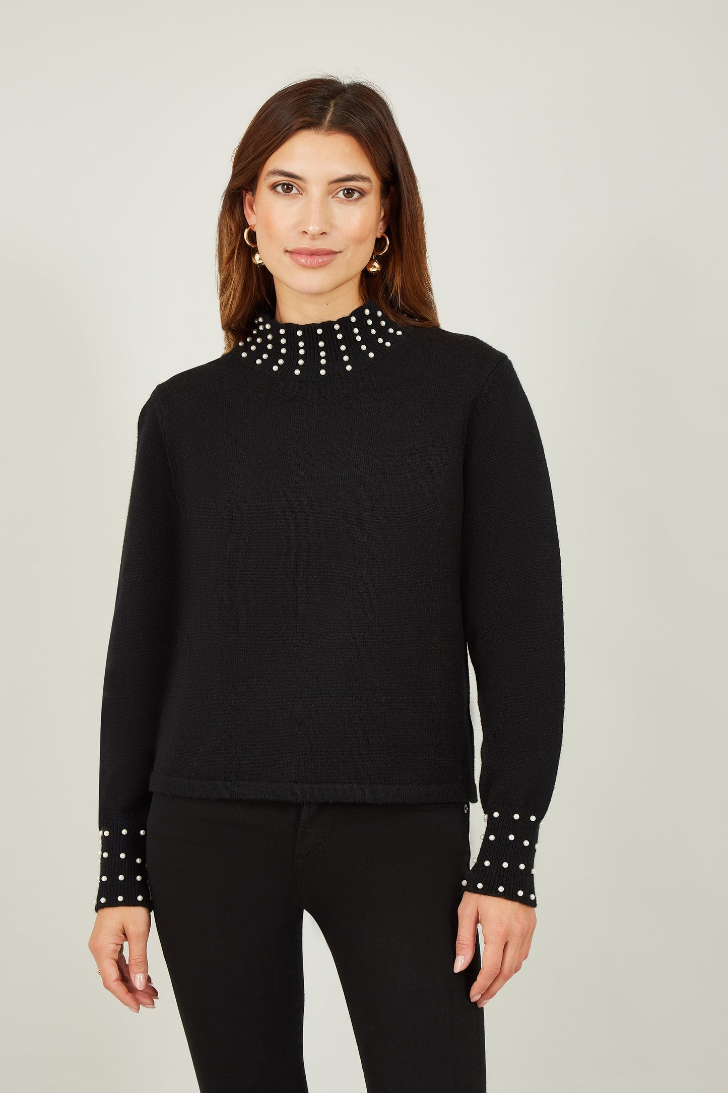 Mela Black Pearl Detail High Neck Jumper