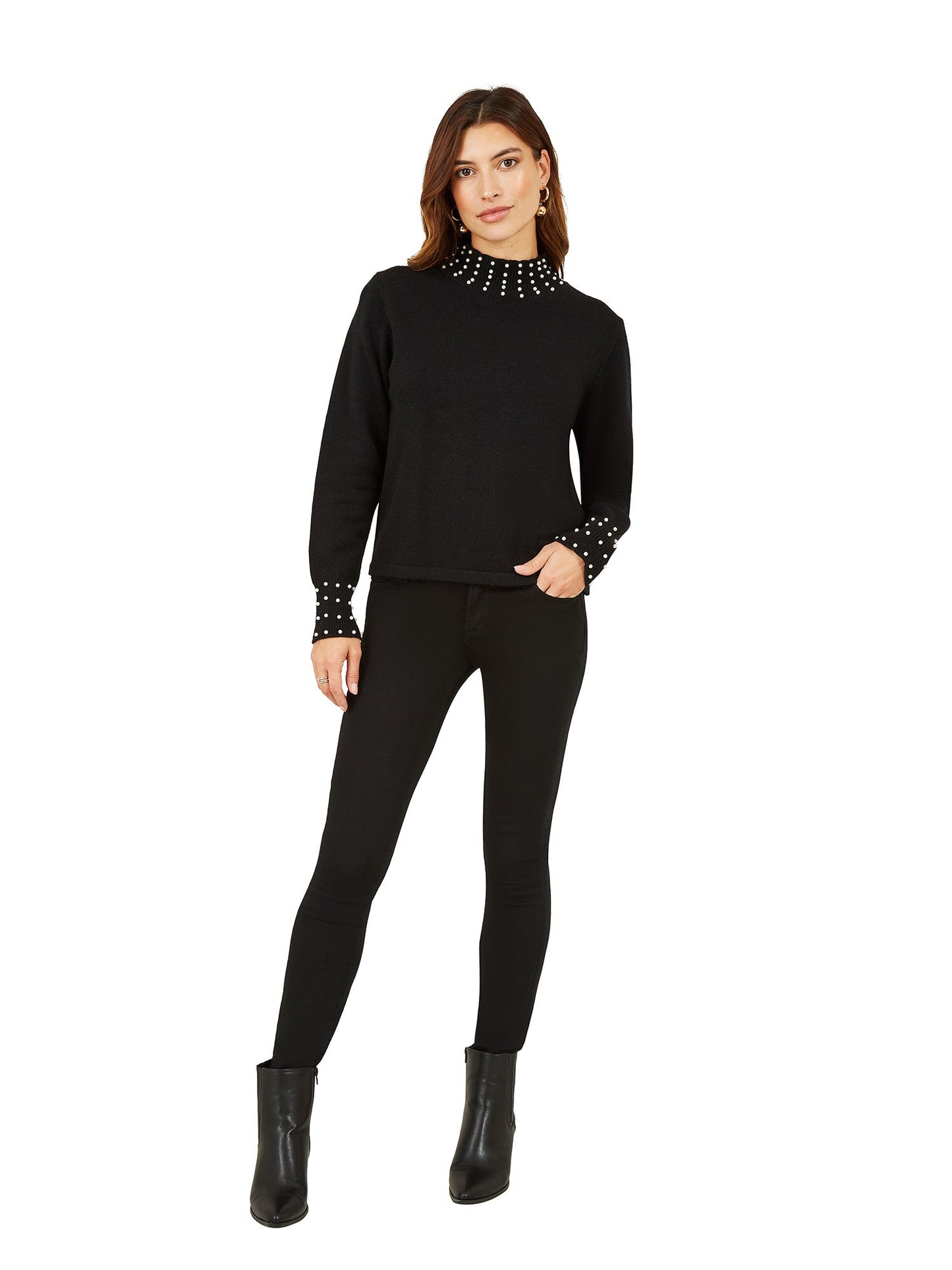 Mela Black Pearl Detail High Neck Jumper