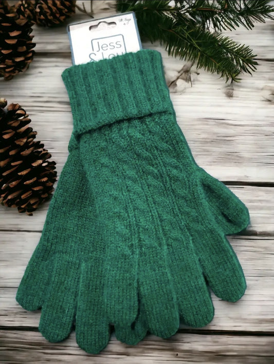 Cosy Pine Green Cable Knitted Gloves