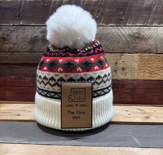 Unisex Nordic Red Bobble Hat