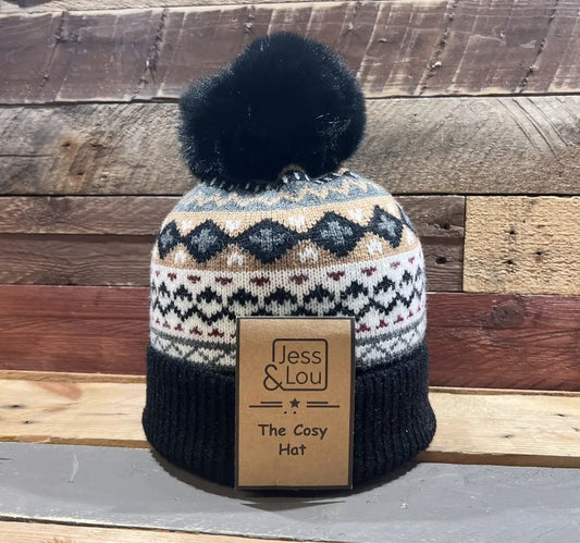Nordic Black Cosy Bobble Hat