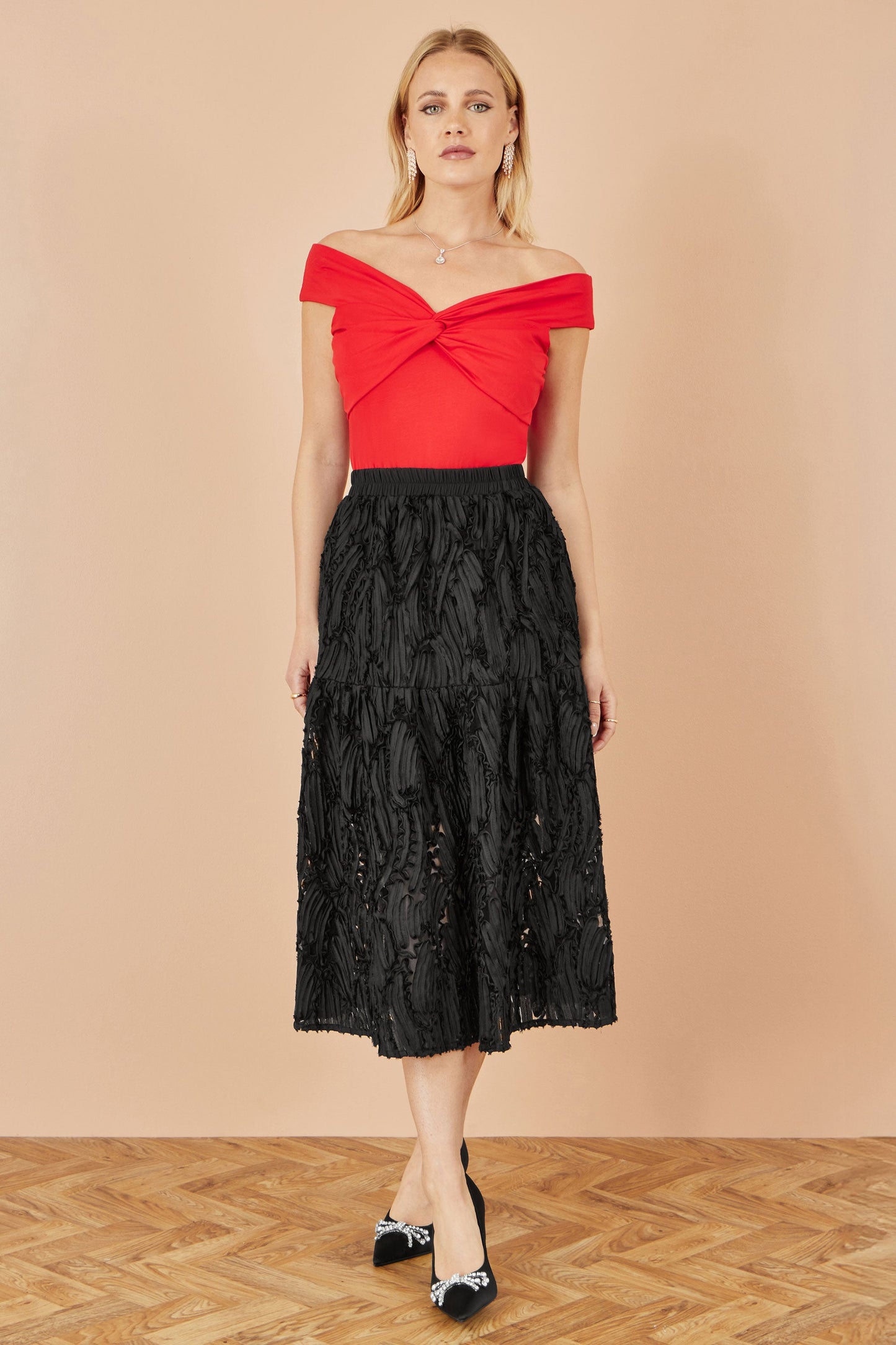 Yumi Red Jersey Cotton Bardot Top With Knot Detail