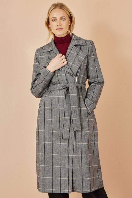 Yumi Grey Check Oversize Long Biker Coat
