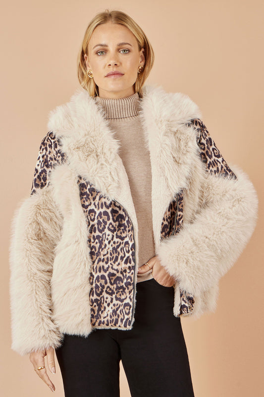 Yumi Cream Fur Biker Jacket With Leopard Print