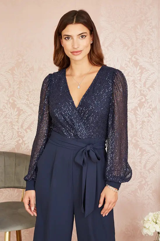 Yumi Navy Sequin Jumpsuit With Long Sleeves