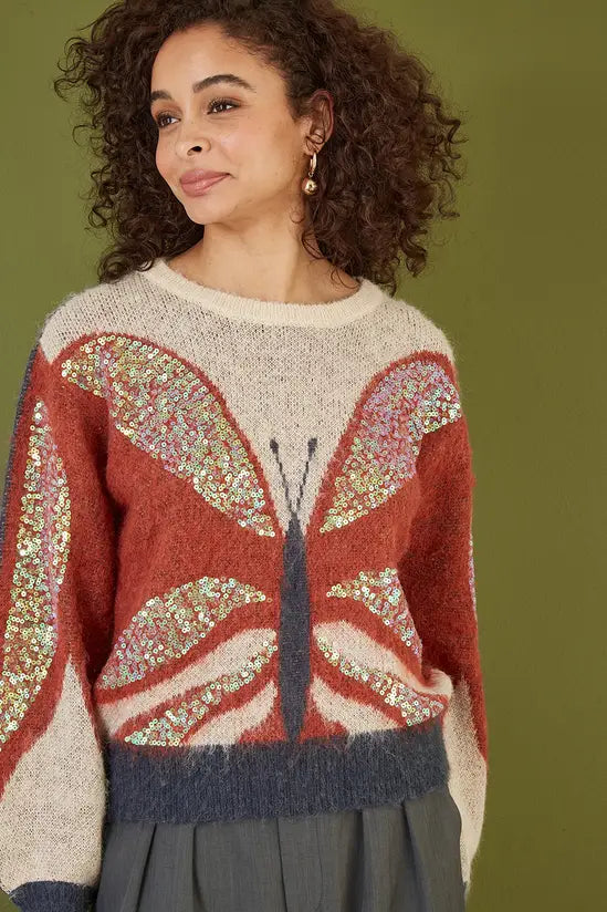 Yumi Cream Butterfly Sequin Knitted Jumper
