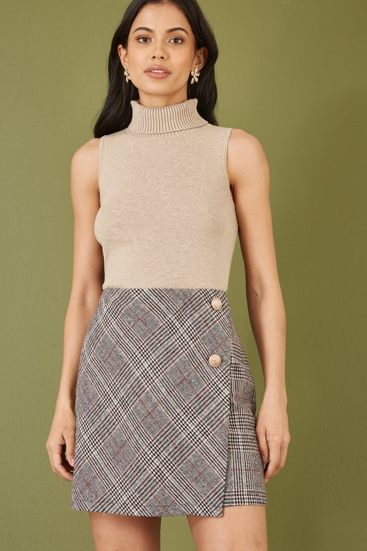 Mela Grey Checked Wrap Mini Skirt With Button Detail