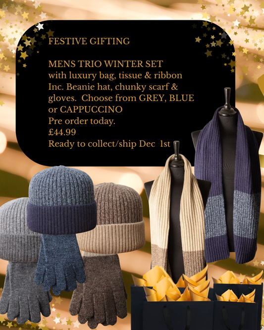 Men's Gift Trio includes hat, scarf, gloves plus gift bag, tissue & ribbon