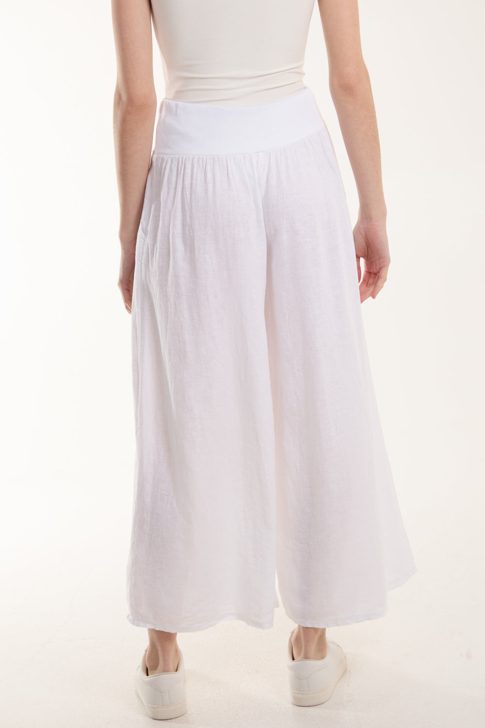 White Linen Blend Cropped Palazzo Trousers