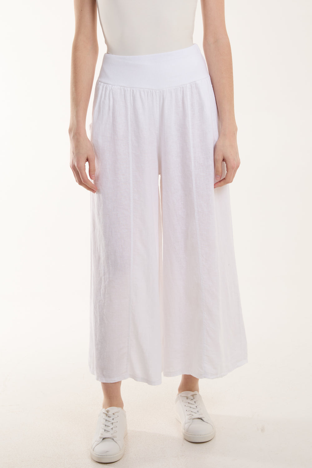 White Linen Blend Cropped Palazzo Trousers