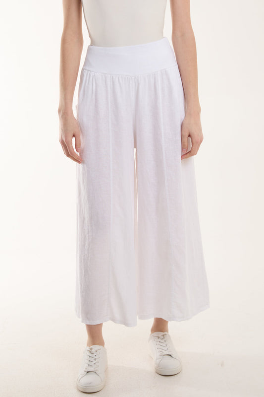 White Linen Blend Cropped Palazzo Trousers