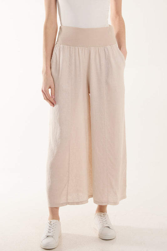 Stone Linen Blend Cropped Trousers