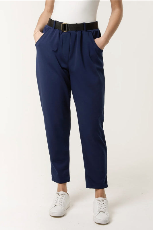 Navy Jersey Straight Leg Trousers with Belt