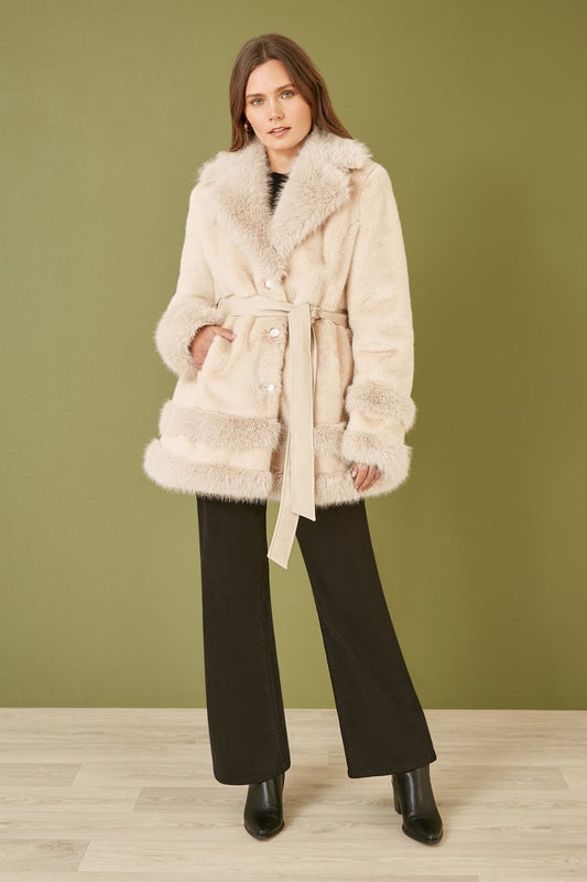 Yumi Cream Luxe Faux Fur Swing Coat With Tie Belt