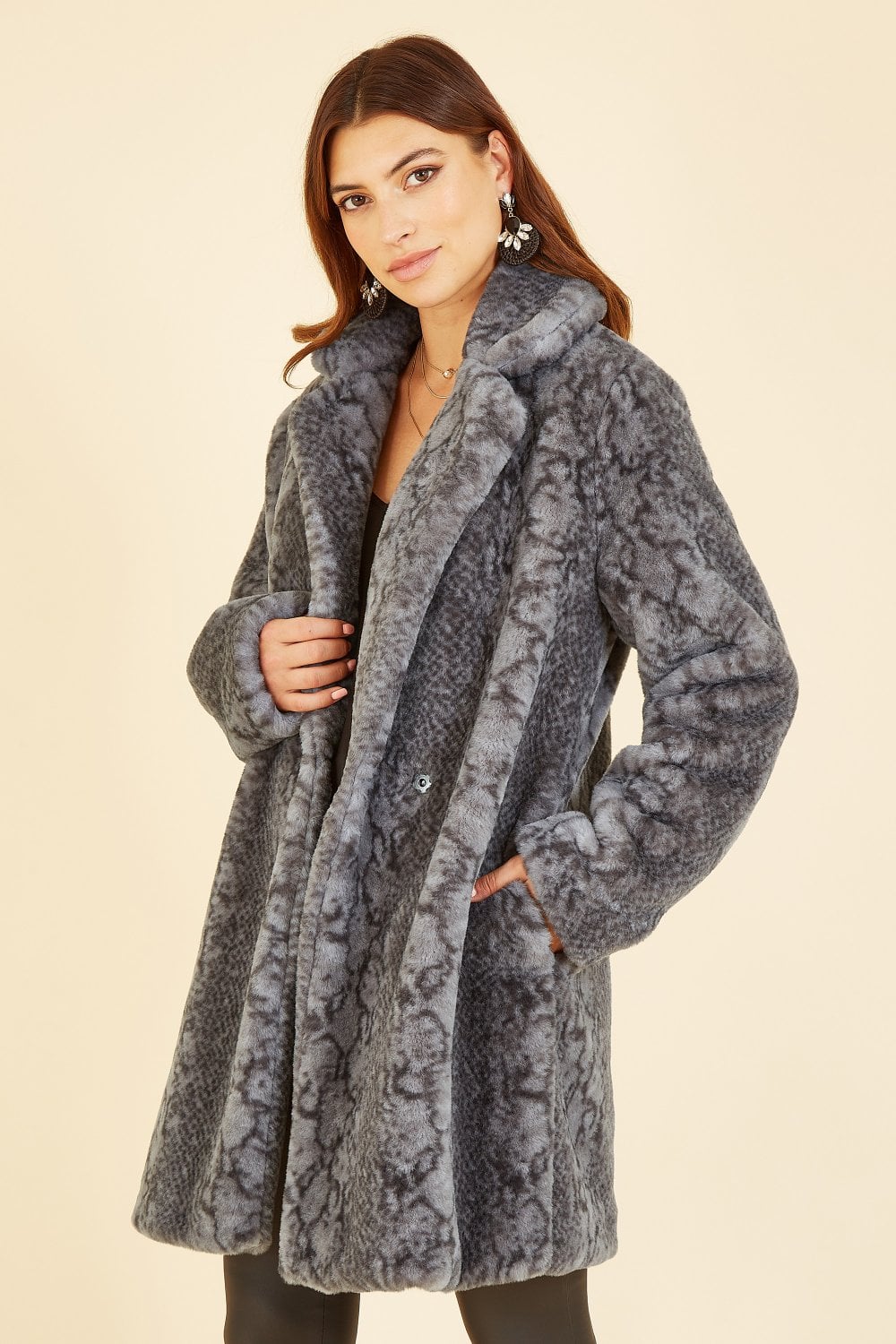 Yumi Grey Snakeskin Print Faux Fur Coat
